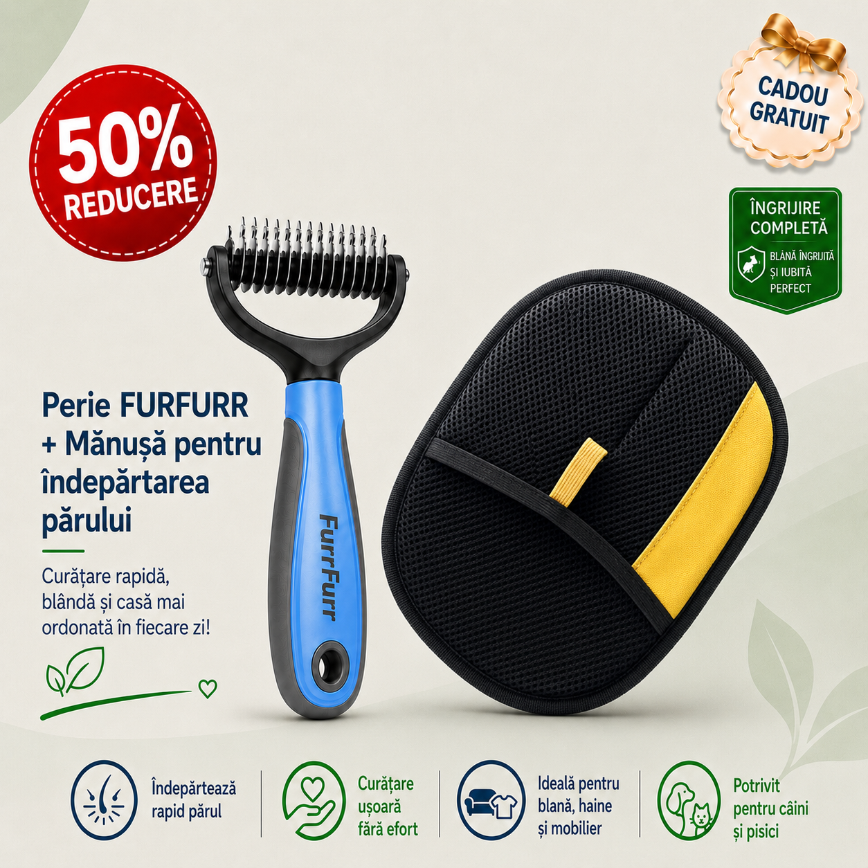 FurFurr™ – Perie Profesională pentru Câini + Manusa pentru îndepărtarea părului CADOU