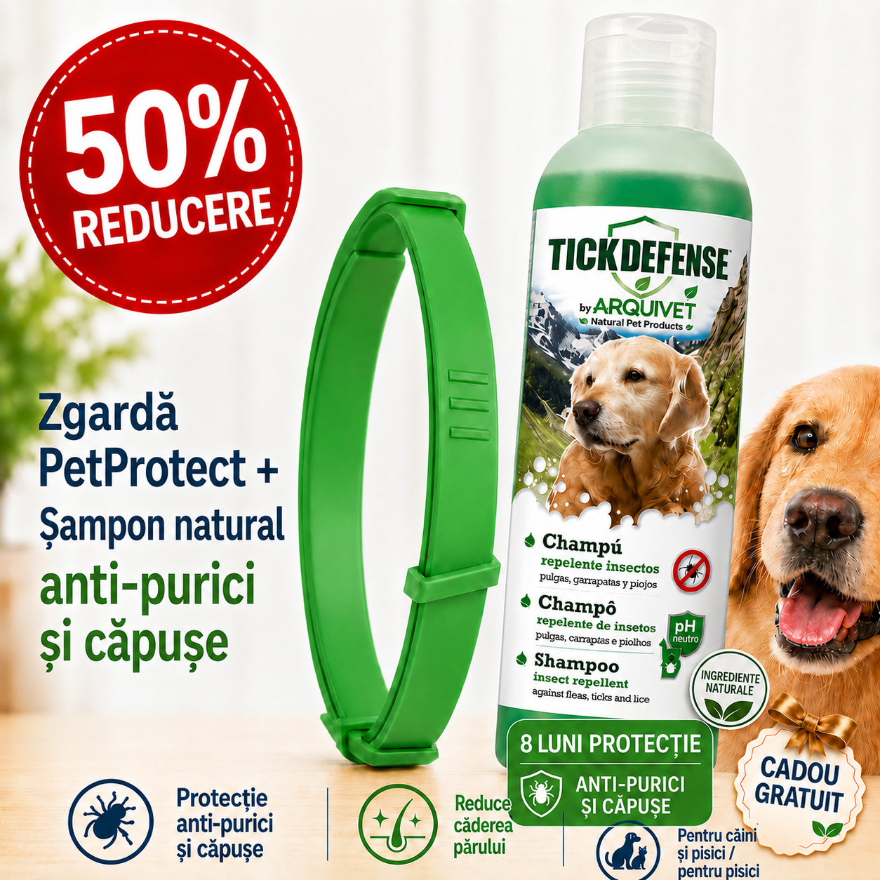 PetProtect™ – Zgardă Naturală 8 Luni Anti-Purici și Căpușe pentru Câini+ Șampon deparazitare