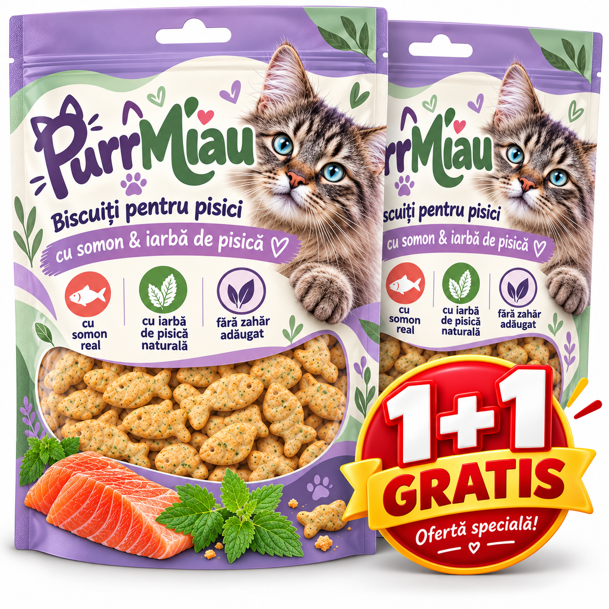 PurrMiau biscuiți cu Somon și Iarba Pisicii
