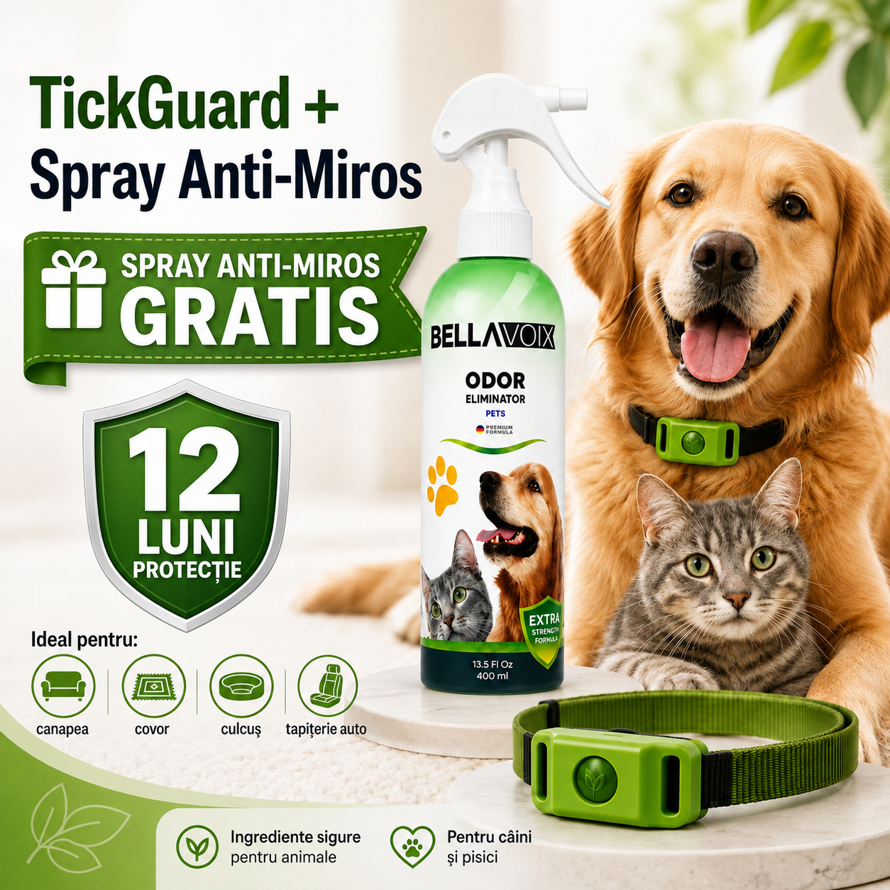 TickGuard 12 Luni Protecție Purici și Căpușe + Șpray Anti-Miros CADOU