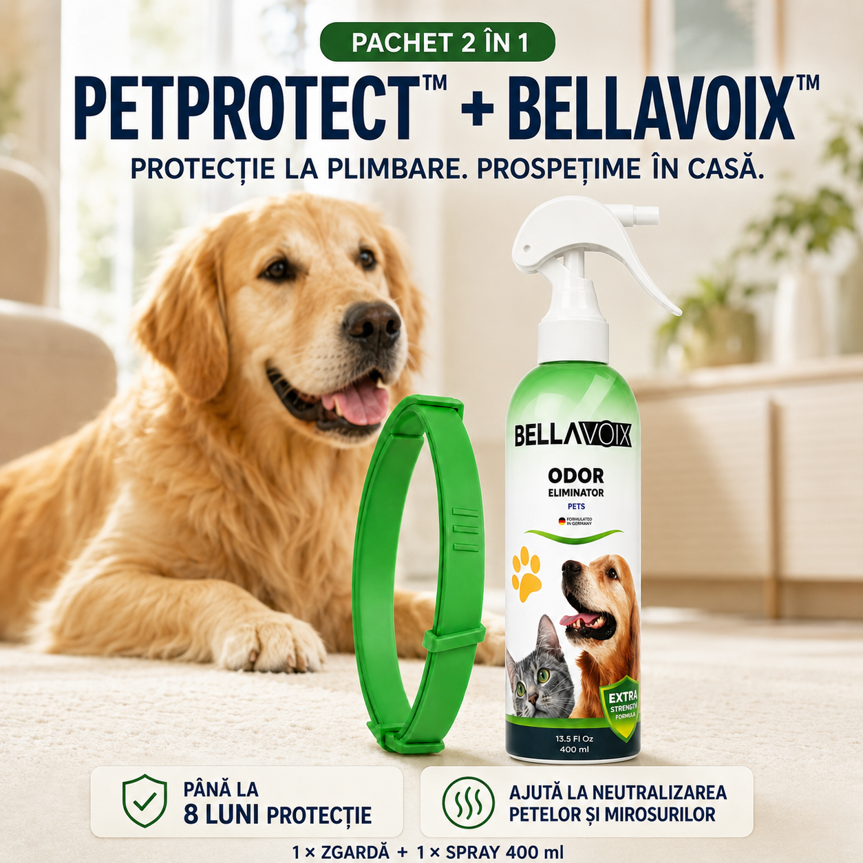 Zgardă Anti-Purici și Căpușe 8 luni protecție + Spray Anti-Pete și Miros
