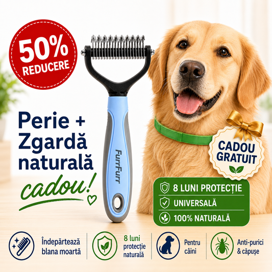 FurFurr™ – Perie Profesională + Zgardă Naturală 8 Luni Anti-Purici și Căpușe CADOU