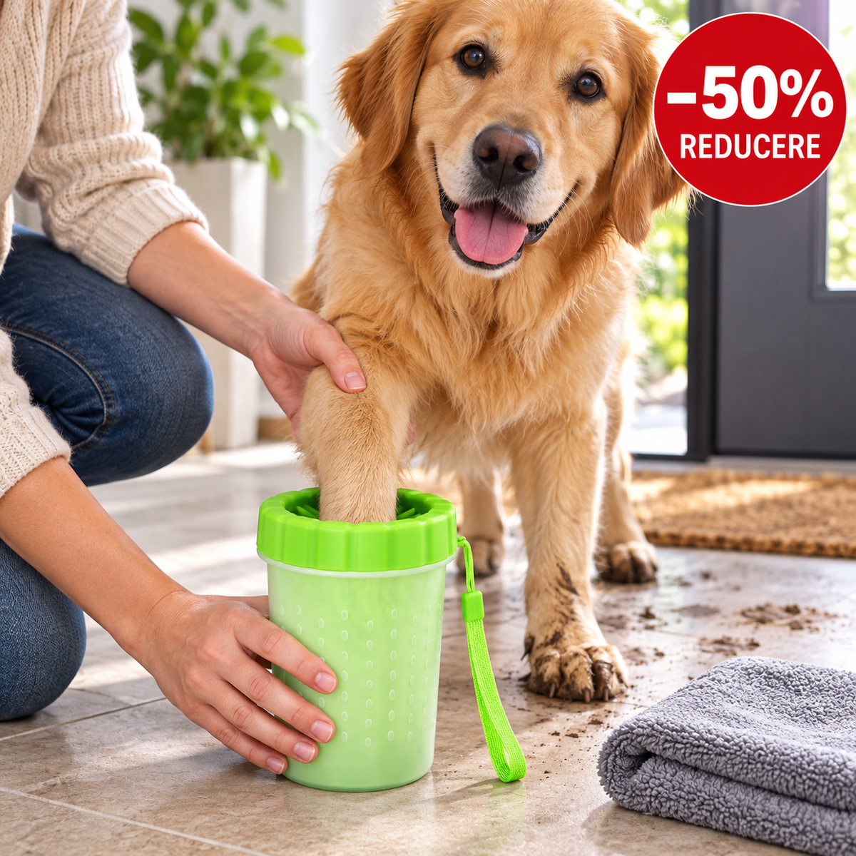 Cupă pentru curățarea lăbuțelor PAWSANI în utilizare – reducere 50%