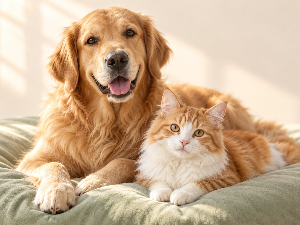 Câine Golden Retriever și pisică albă cu portocaliu, împreună pe o pernă verde