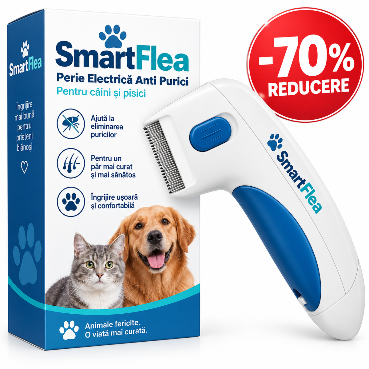 SmartFlea perie electrică anti purici pentru câini și pisici - reducere 70%